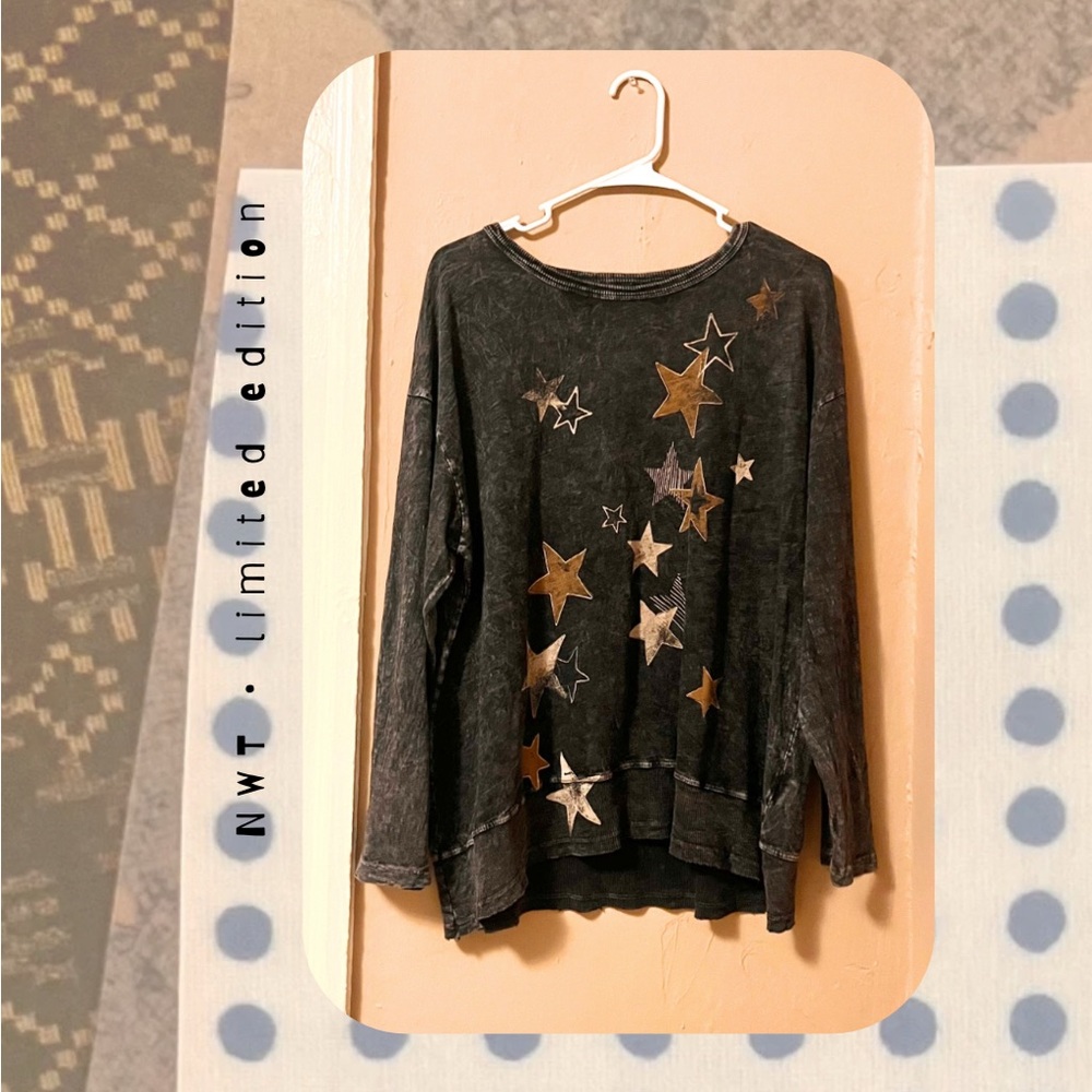 π π black mineral wash tunic with gold foil metallic stars